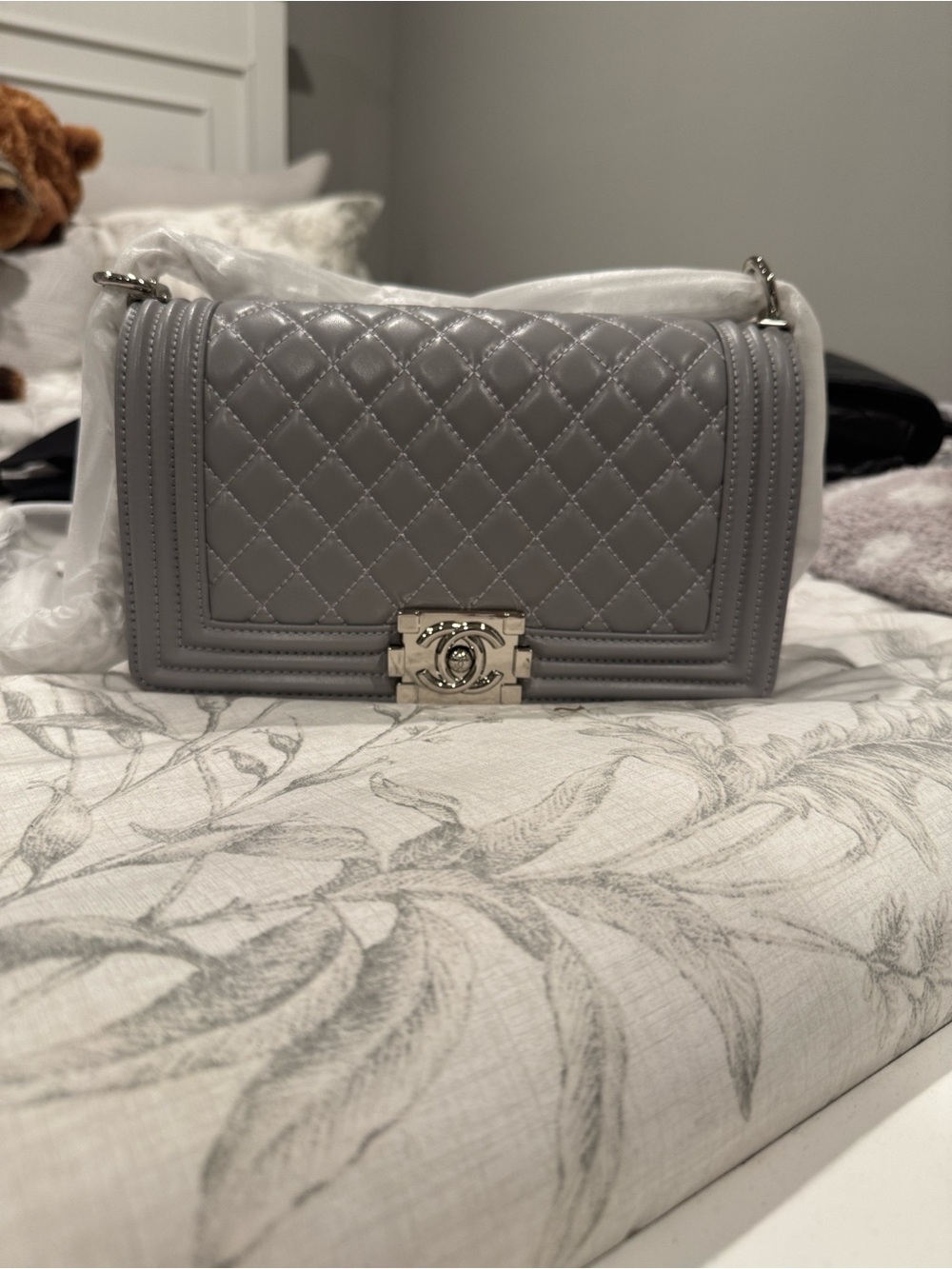 Chanel style Gray boy Bag with Silver Hardware